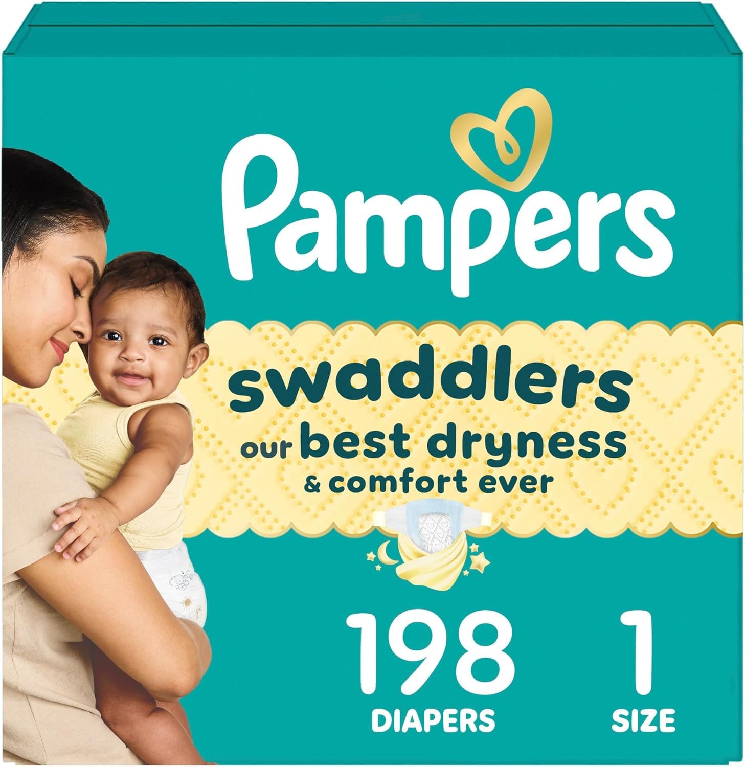 Pampers Swaddlers Diapers Size 1 8-14 lbs 198 Count Absorbent Keeps Baby Dry and Comfortable Skin Safe Disposable