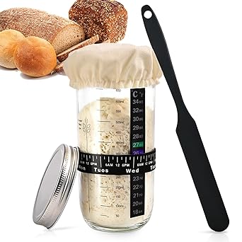 24 oz Wide Mouth Sourdough Starter Jar Kit, Glass Fermentation Container with Date Marker, Thermometer, Silicone Scraper & Lids, Airtight Glass Storage Canister for Homemade Bread Baking, Complete Sourdough Baking Supplies
