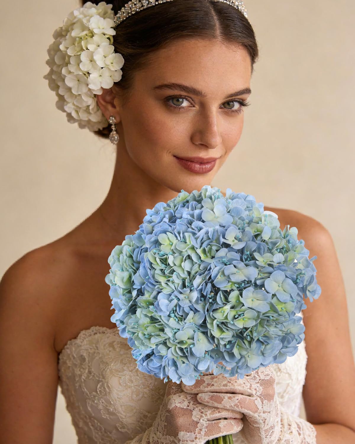 Coferset 3Pcs Hydrangea Artificial Flowers 24.8" Real Touch Faux Hydrangea Latex Fake Flowers with Bendable Stems &Leaves for Wedding Bouquet Centerpieces Home Party Decor(Blue & Green)