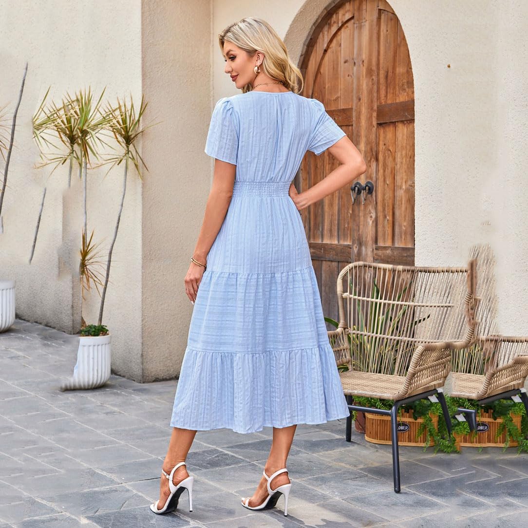 Womens Summer Casual Maxi Dresses,Lightweight Short Sleeve V Neck Smocked Elastic Waist Flowy Swing Long Dress with Pockets
