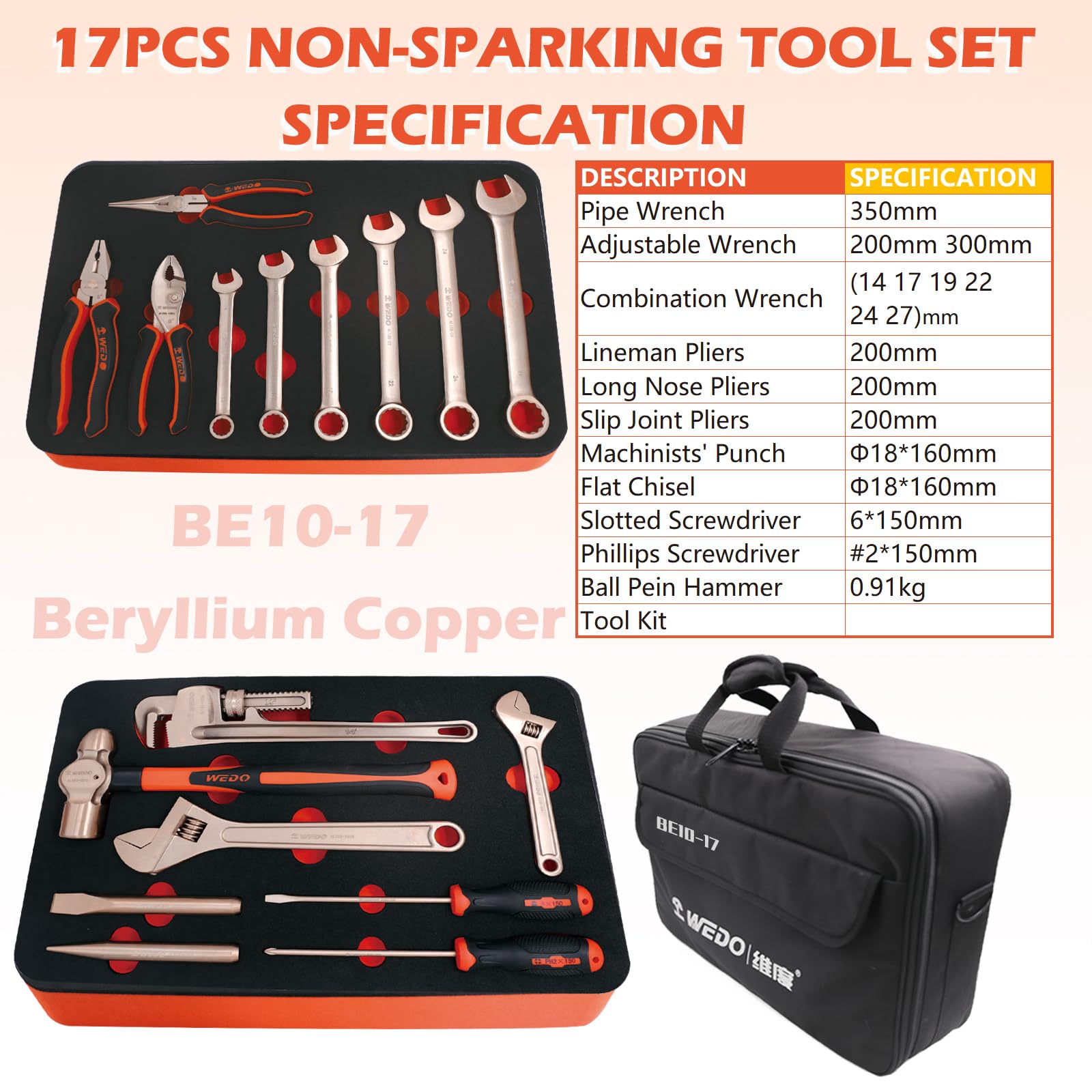 WEDO Set di strumenti anti-scintillio 17 pezzi, kit di strumenti di sicurezza senza scintille con martelli, cacciaviti, chiavi, martelli nella cassetta degli attrezzi, non magnetico, rame berillio