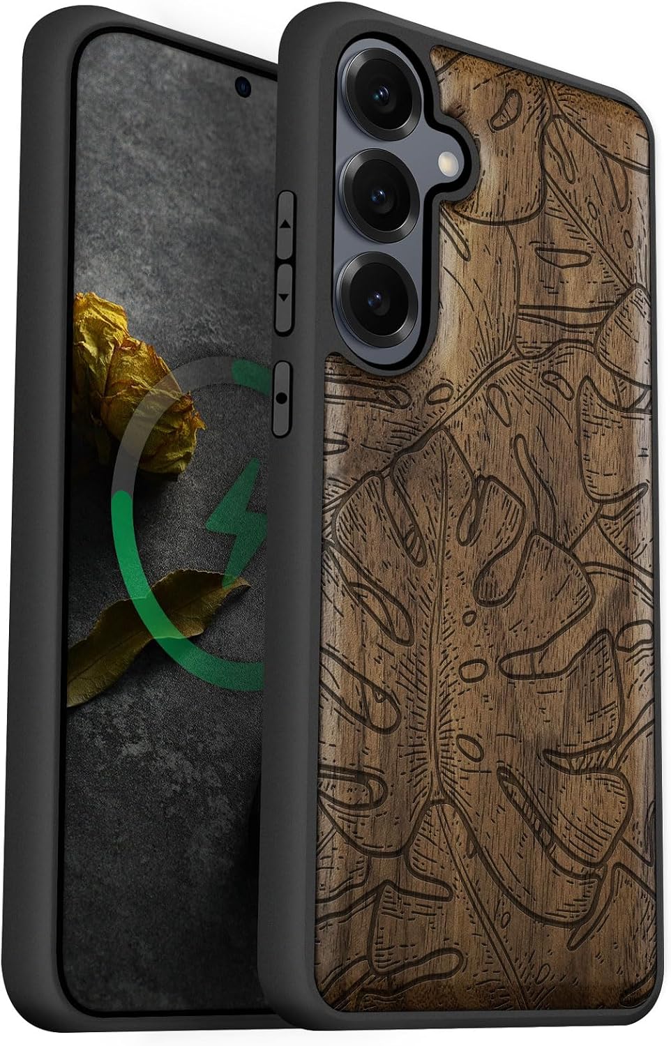 Carveit Magnetic Wooden Case for Galaxy S25+ Samsung S25 Plus Case, TPU Shockproof Cover & Wood Engraved, Compatible with MagSafe Wireless Chargers (Monstera Shadows) Walnut
