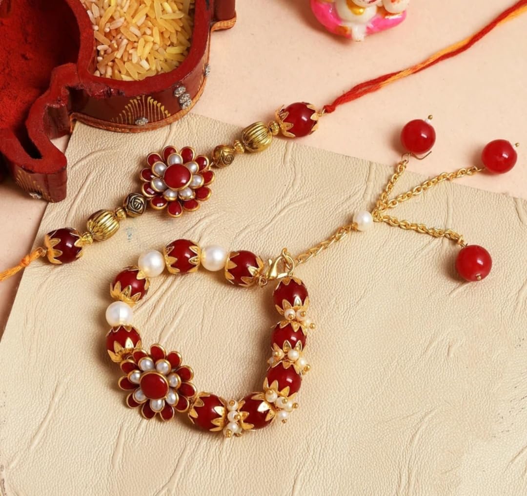 Handcrafted Red and Gold Bhaiya Bhabhi Rakhi Set - Elegant Floral Bracelet Rakhi and Hanging Lumba Combo for Rakshabandhan-image-25