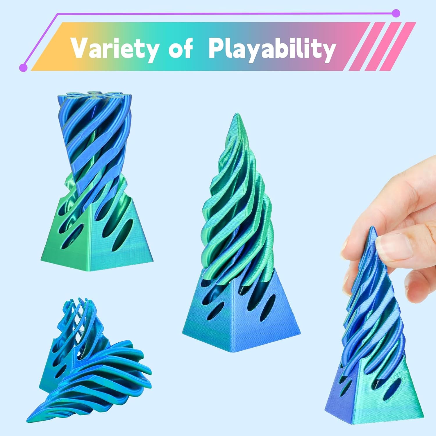 3 Packs Spiral Fidget Impossible Cone,3D Printed Optical Illusion Desk Toys Stress Relief Sculpture, Unique Office Gifts Teens Adults Kids Stocking Stuffers Christmas White Elephant（Laser Green）