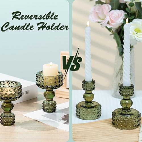 Miniatura 5 de Juego de 3 portavelas cónicos en relieve de lunares con adhesivo de velas de cera, portavelas de vidrio verde salvia para velas de 0.8 pulgadas para