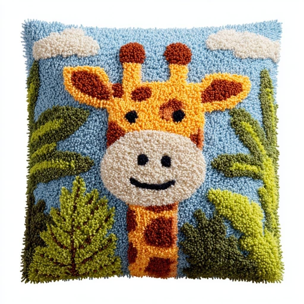Taxpy Latch Hook Cushion Kits Giraffe Pillowcase Kits Embroidery Kit 17X17 Inch DIY Needlework Pillow Cover Sofa Cushion Rug Making