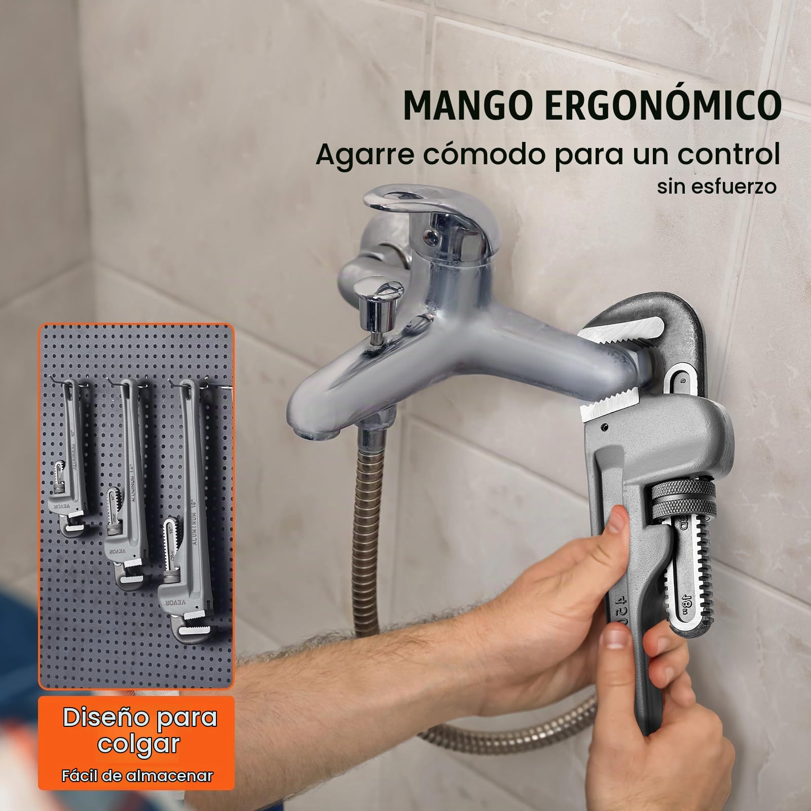 VEVOR Juego de Llaves para Tubos Rectos de Aluminio 3 Piezas 24,5/32/46 cm Llave de Plomería Ajustable con Mandíbula de Alta Resistencia Mango Ergonómico Diseño Colgante para Tuberías de Agua