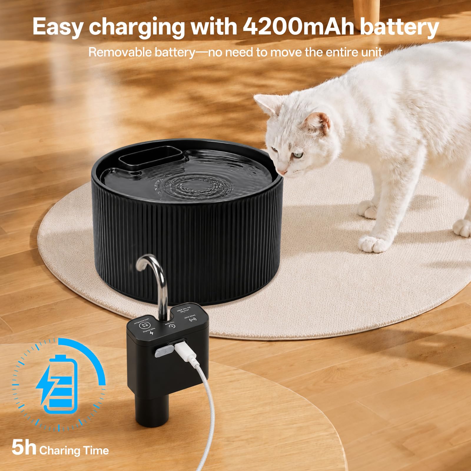 Fontana per gatti senza fili in ceramica, 2,2 l, silenziosa, sensore di movimento, dispenser automatico di acqua per gatti e cani, con sistema di filtraggio, batteria da 42000 mAh (nero)