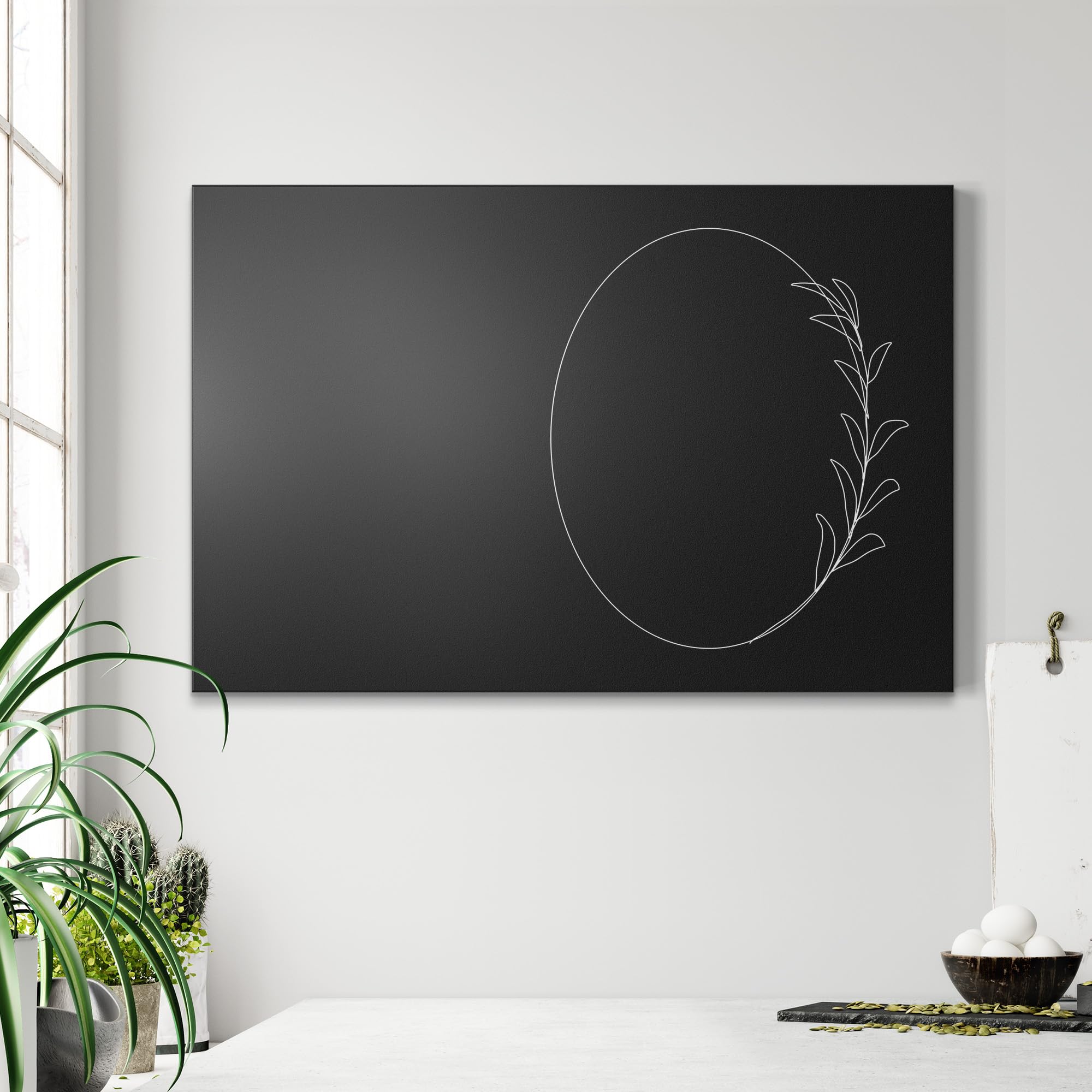 DEQORI Pizarra magnética con impresión UV | diseño "marco de hojas ovaladas" | diseño rectangular de 90 x 60 cm | tiza pizarra metálica se puede escribir – Decoración de pared para cocina, pasillo