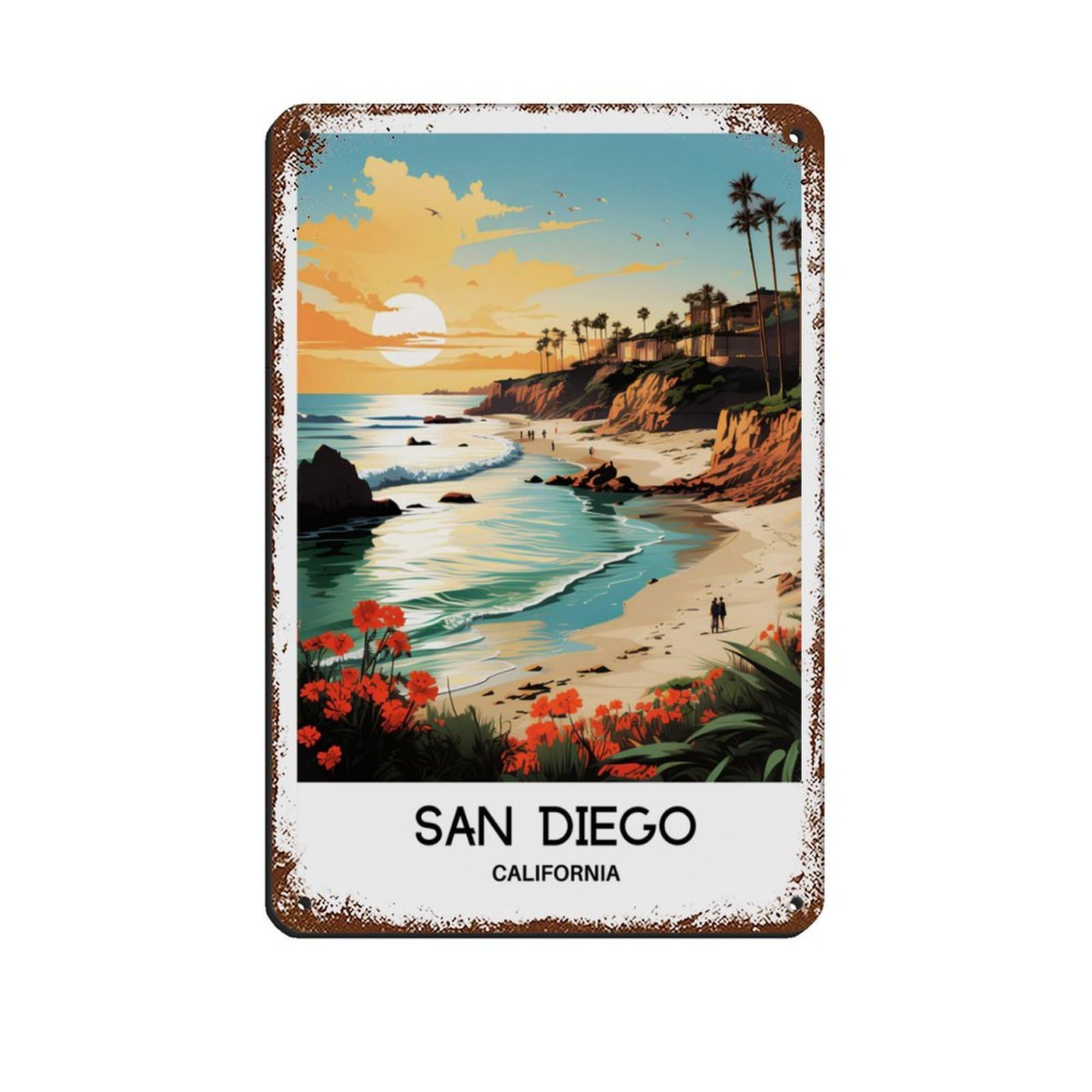 AKIRAX San Diego California Vintage Travel Poster Tin Sign Vintage Metal Pub Club Cafe Bar Home Wall Art Decoration Poster Retro Style8x12inch(20x30cm