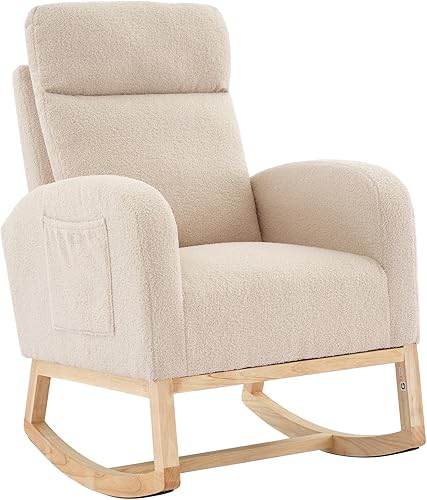 GAOMON Mecedora para guardería, mecedora tapizada con bolsillo lateral y respaldo alto, sillón acolchado deslizante para lactancia materna, Beige