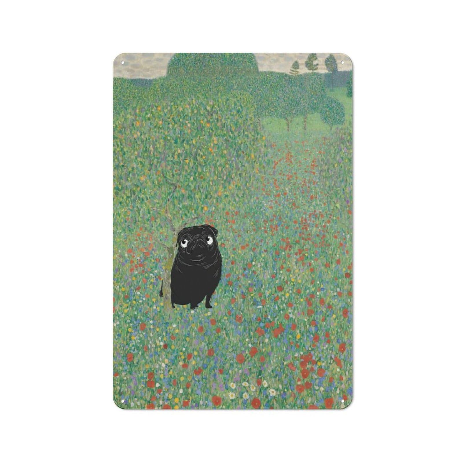 Junmoney Style Rustic Pug Poppies Gustav Klimt Art Tin Wall Sign 30X20cm, Kitchen Wall Decor For Bakery, Diner, Cafe Or Family Room