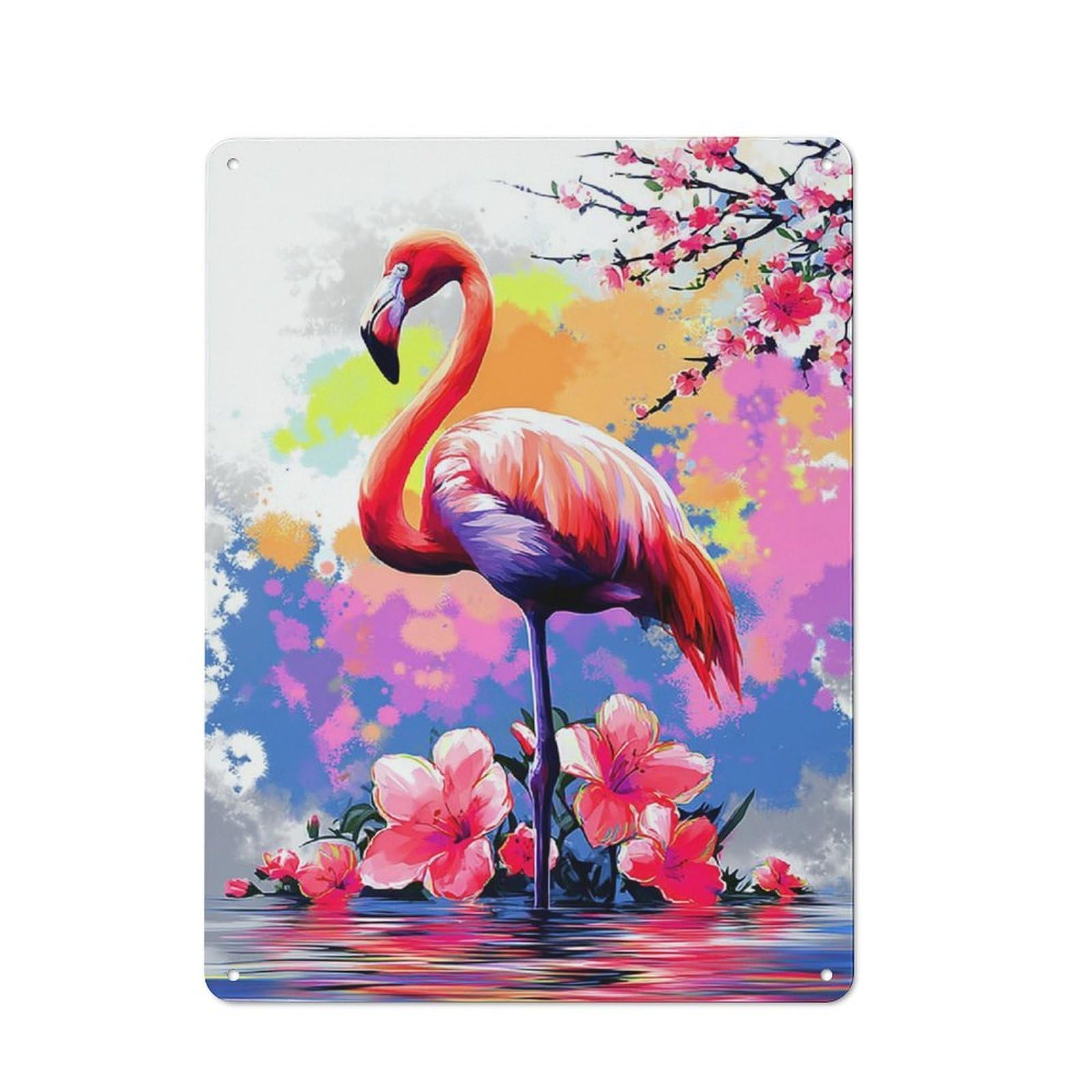 Junmoney Flamingo In Water With Flowers Metal Wall Plaque With Design 40X30cm, Old Fashioned Vintage Wall Decor For Living Room, Hallway, Kitchen Or Cafe