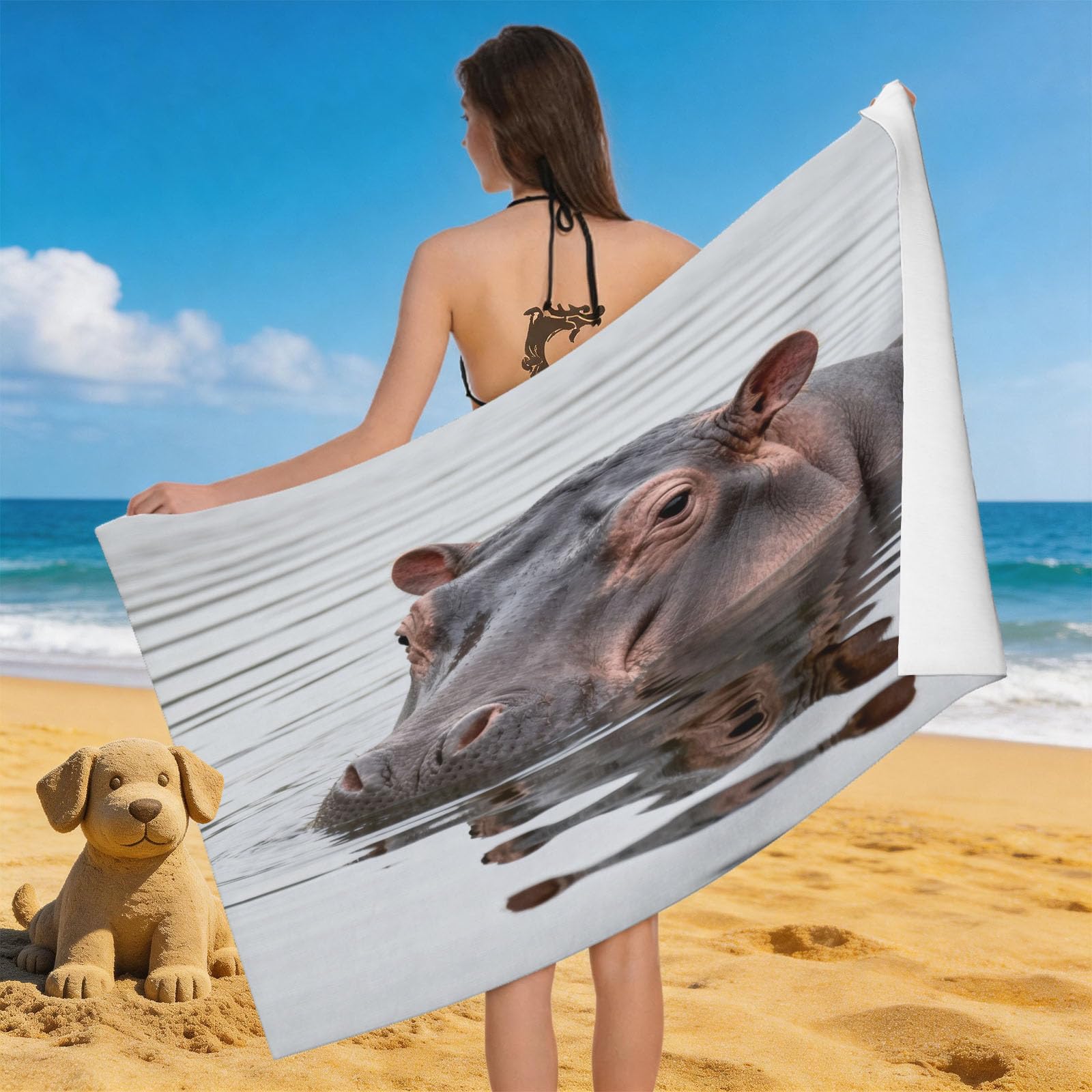 Leichong 3D Hippo Beach Towel Microfiber Soft Quick Dry for Adults, Wild Animals Bath Towel Lightweight Soft Absorbent for Travel Swimming Pool Sports, 75 x 150 cm