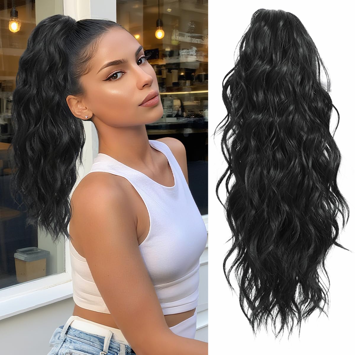 VEGALILY 18 inch Ponytail Extension Black Hair Extensions Clip in Drawstring Ponytail Synthetic Claw Clip Ponytail Hair Extensions Long Curly Hair Pieces for Women for New Look
