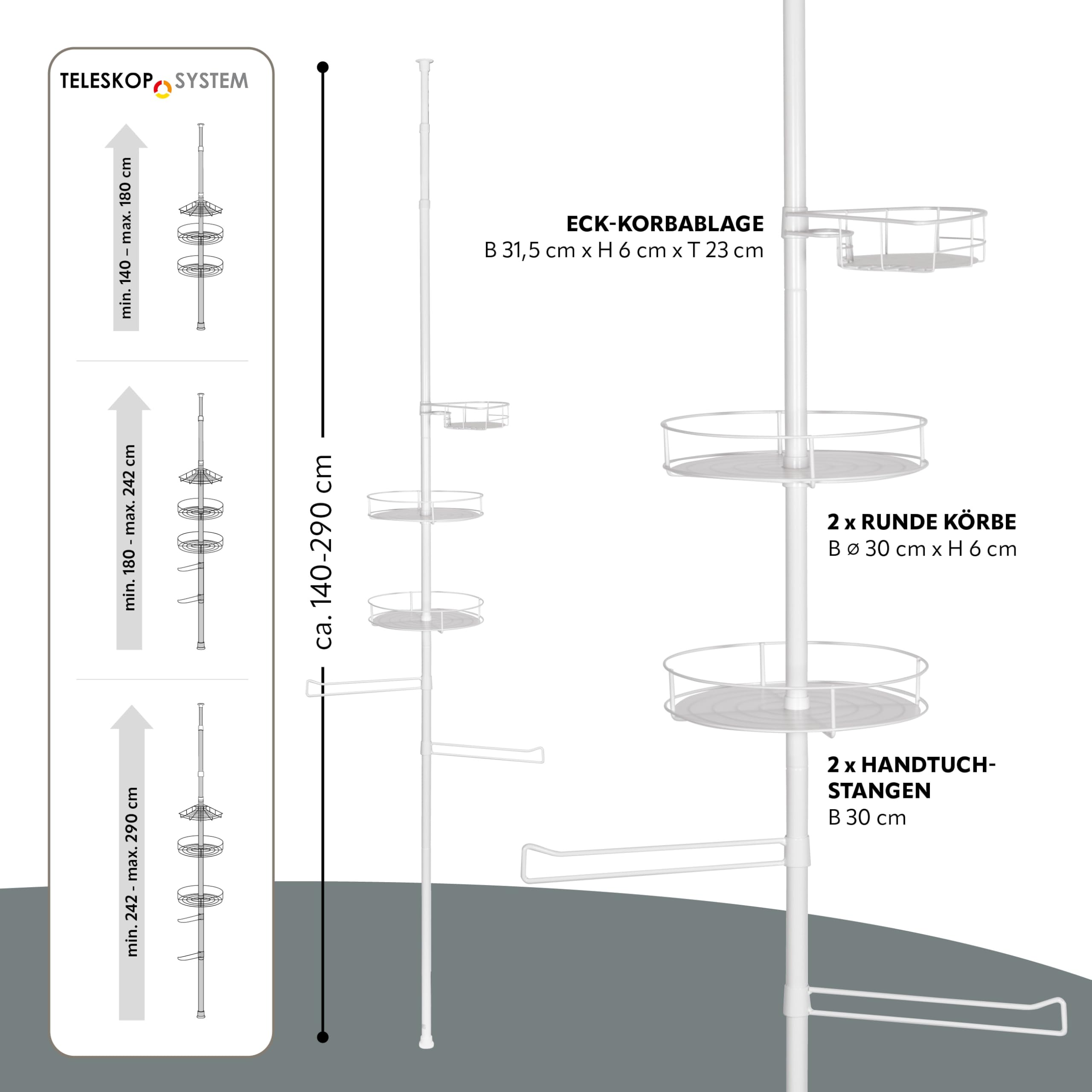 bremermann Teleskop-Küchenregal mit 3 Körben und 2 Haltern für Geschirrtücher, ideal für Gewürze, Öle, Küchenutensilien uvm., höhenverstellbar bis max. 290 cm, aus Metall (Weiß)