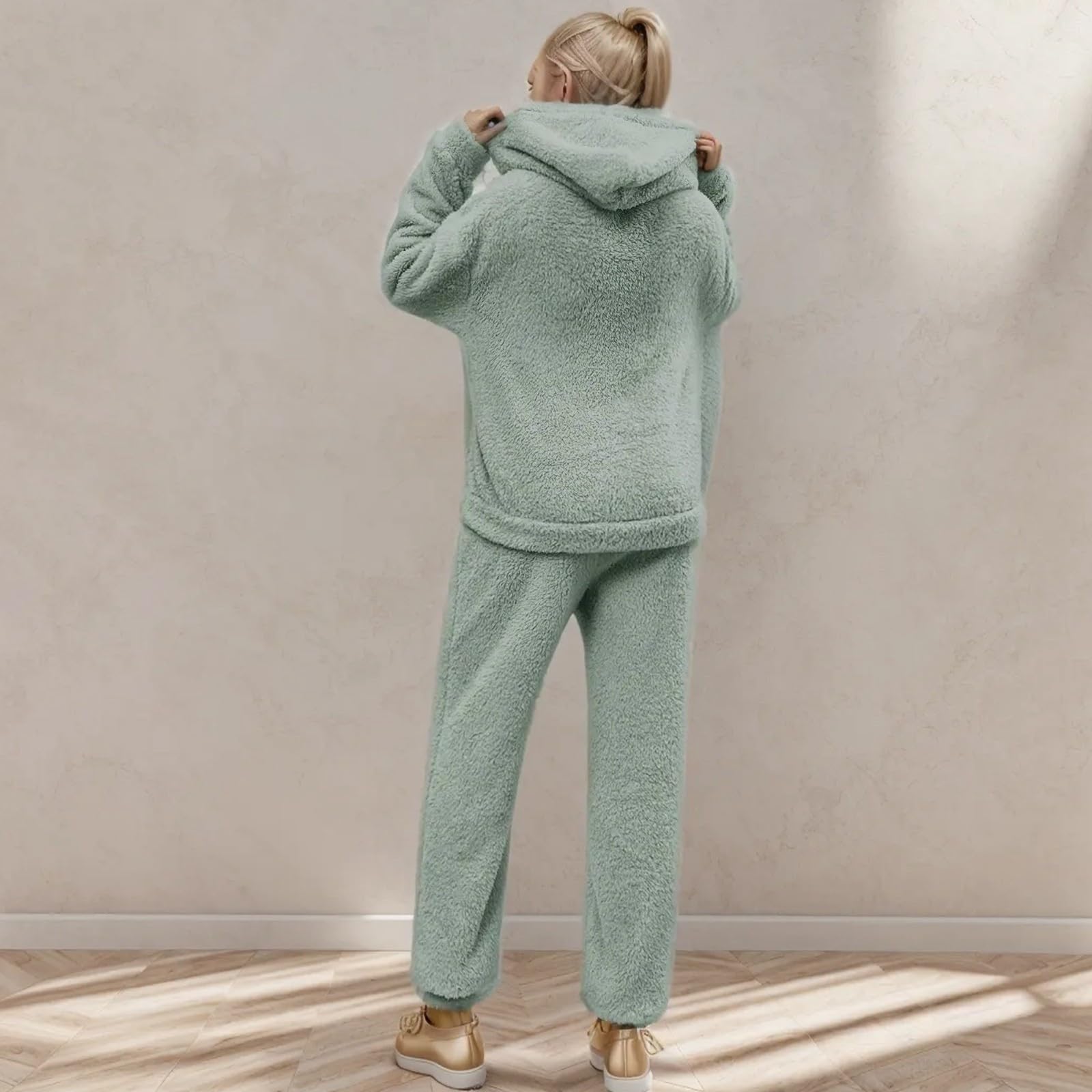 Fulidngzg Flauschiger Schlafanzug Damen Winter Frottee Pyjama Set Kuschelanzug Lang Warmer Hausanzug Teddy Plüsch Kuschelschlafanzüge Homewear Flauschig Kuschelig Plüschpyjamas Plüschanzug