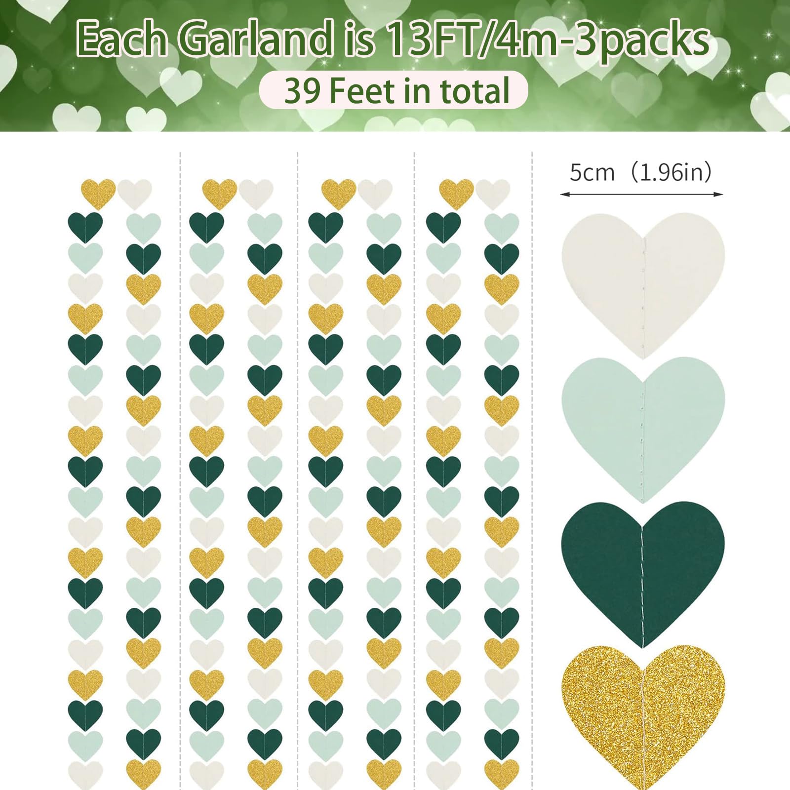 Guirnalda de corazón para decoración de fiesta verde salvia y dorada, 52 pies, decoración de cumpleaños para boda, pancarta de serpentinas, despedida de soltera, compromiso, San Valentín, compromiso,