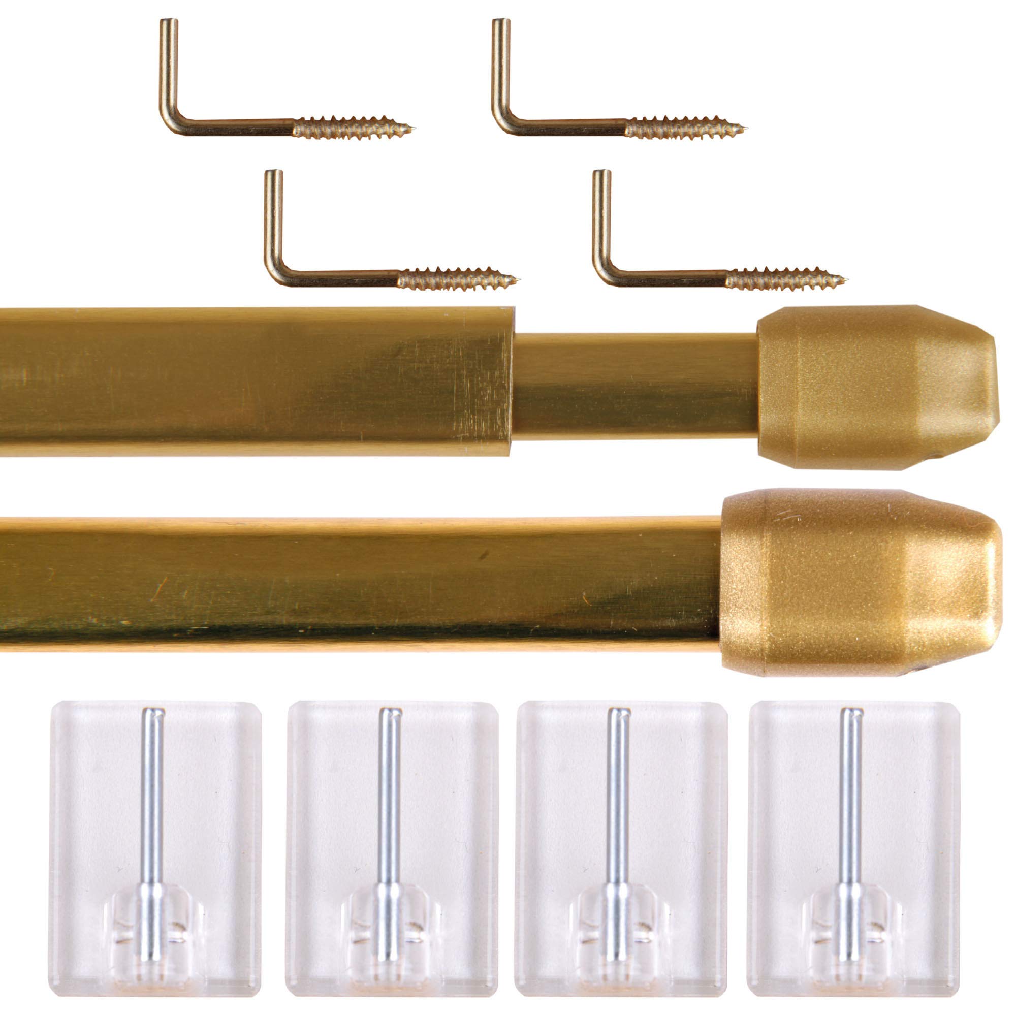 Gardinenstange Bistrostange (Messing Glanz) als 2er Pack - ausziehbar, inkl. Selbstklebehaken (80-120 cm)