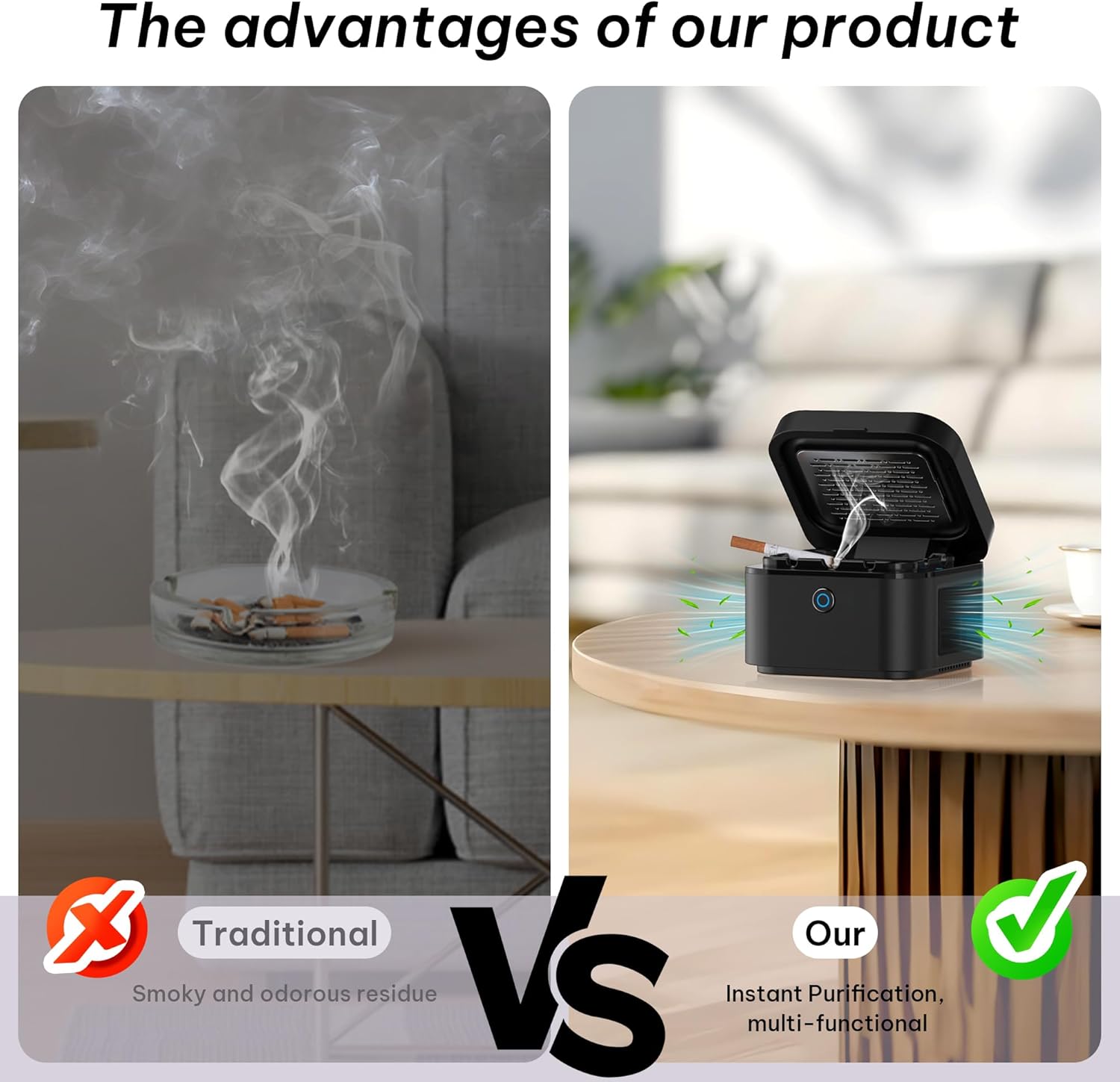 Smokeless Ashtray, Multifunctional Smoke Ashtray with USB Rechargeable, HEPA Filter Smoke for Home,Office(Black)