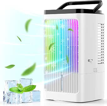 Aire Acondicionado Portátil 4 en 1, 1200ml Mini Aire Acondicionado, USB Ventilador con 4 Velocidades, 2 Nebulización, 7 Colores LED, Temporizador 1-8H, Enfriador de Aire para Camping, Oficina (Blanco)