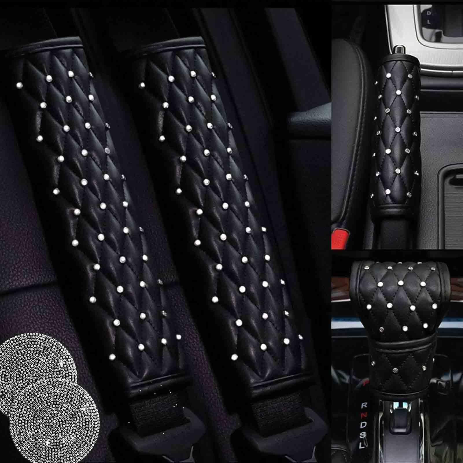 KAONYUONLO 2PCS Black Leather Bling Car Seatbelt Strap Covers for Women Girls - Crystal Rhinestone Velvet Shoulder Pad Protector - Diamond Shine
