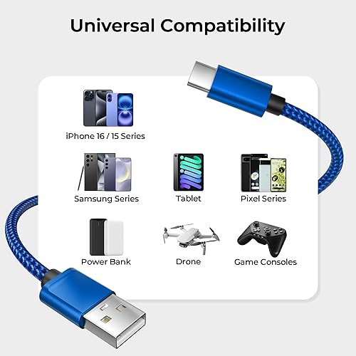 Miniatura 7 de Basesailor Cable de carga USB tipo C, 3 unidades, 3.36.610 pies, cable de carga para iPhone 15 Pro Max 2023, Samsung Galaxy A10E A02s A03s A14 A13