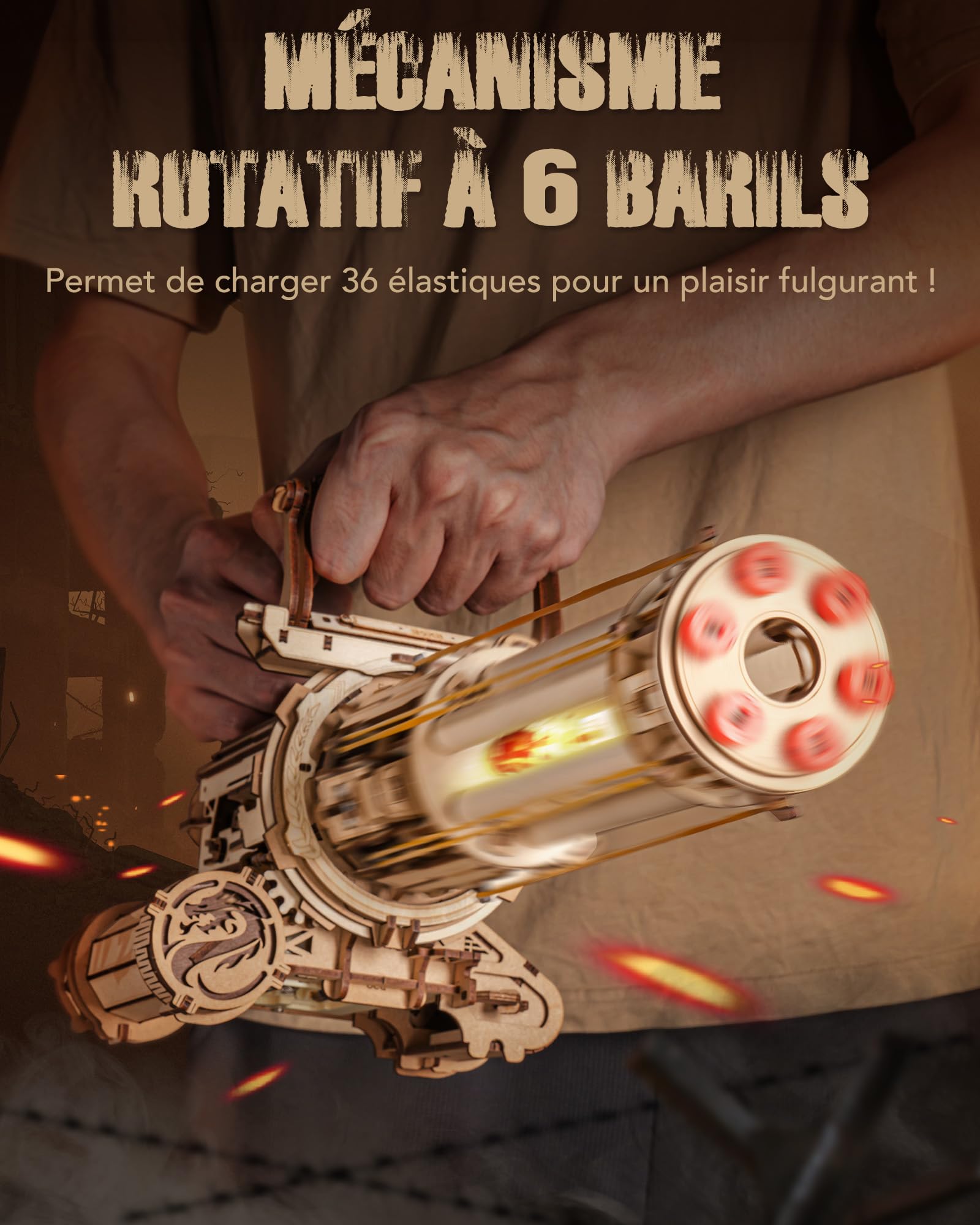 ROKR Puzzle 3D en Bois Maquette en Bois a Construire Jouets avec élastiques, Kits de Modèles Cadeaux pour Adultes, Kits de modèles à Canon Rotatif 412 pièces, LQA01