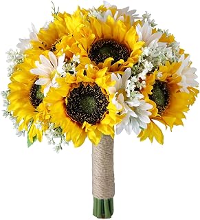 ACJRYO Sunflower Wedding Bouquet for Bride, Wedding Bridal Holding Flowers Silk Sunflower with White Small Daisy Flower for Bride Bridesmaid Wedding Party Ceremony Table Centerpieces Decorations