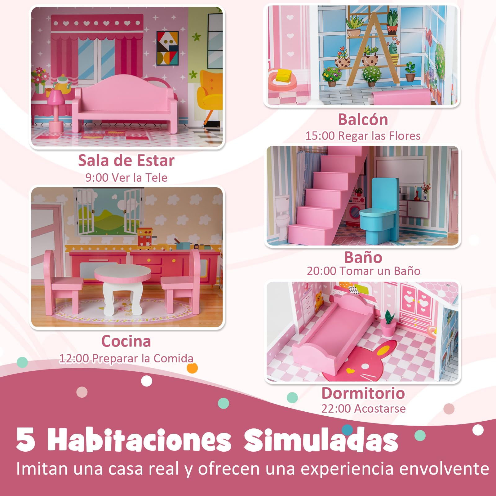 COSTWAY Casa de Muñecas de Madera para Niños, 60 x 25 x 70 cm, Juego de Casa de Muñecas con 5 Cuartos y 10 Piezas de Muebles, Atractivos Papeles Pintados y Baldosas, para Niñas de 3 a 7 Años