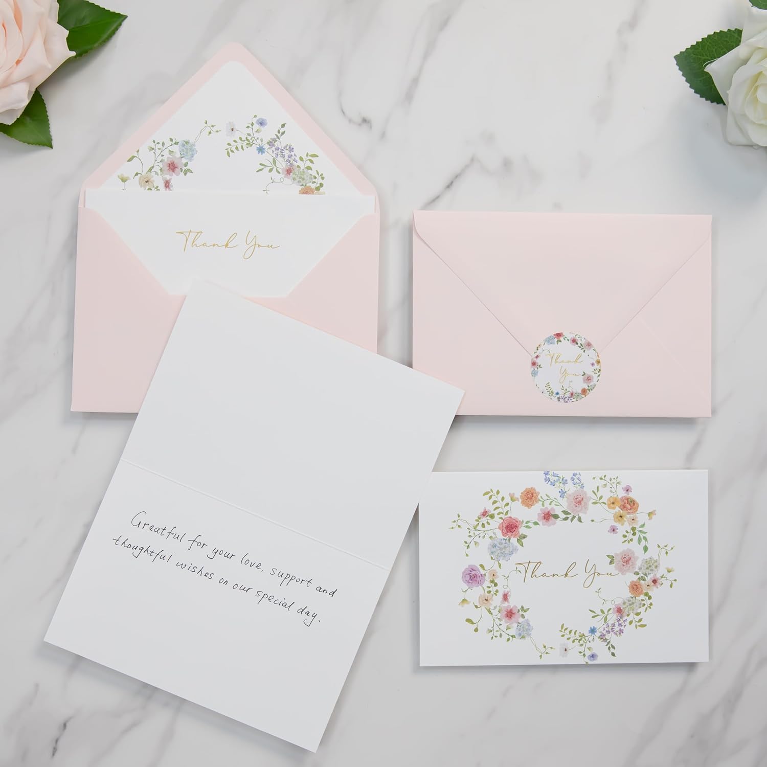 ponatia 50 PACK Blush Pink Thank You Cards With Envelopes, Gold Foil Print Greeting Cards With Adhesive Envelopes & Stickers for Wedding, Bridal Showers, Baby Showers, Birthday, All Occasion