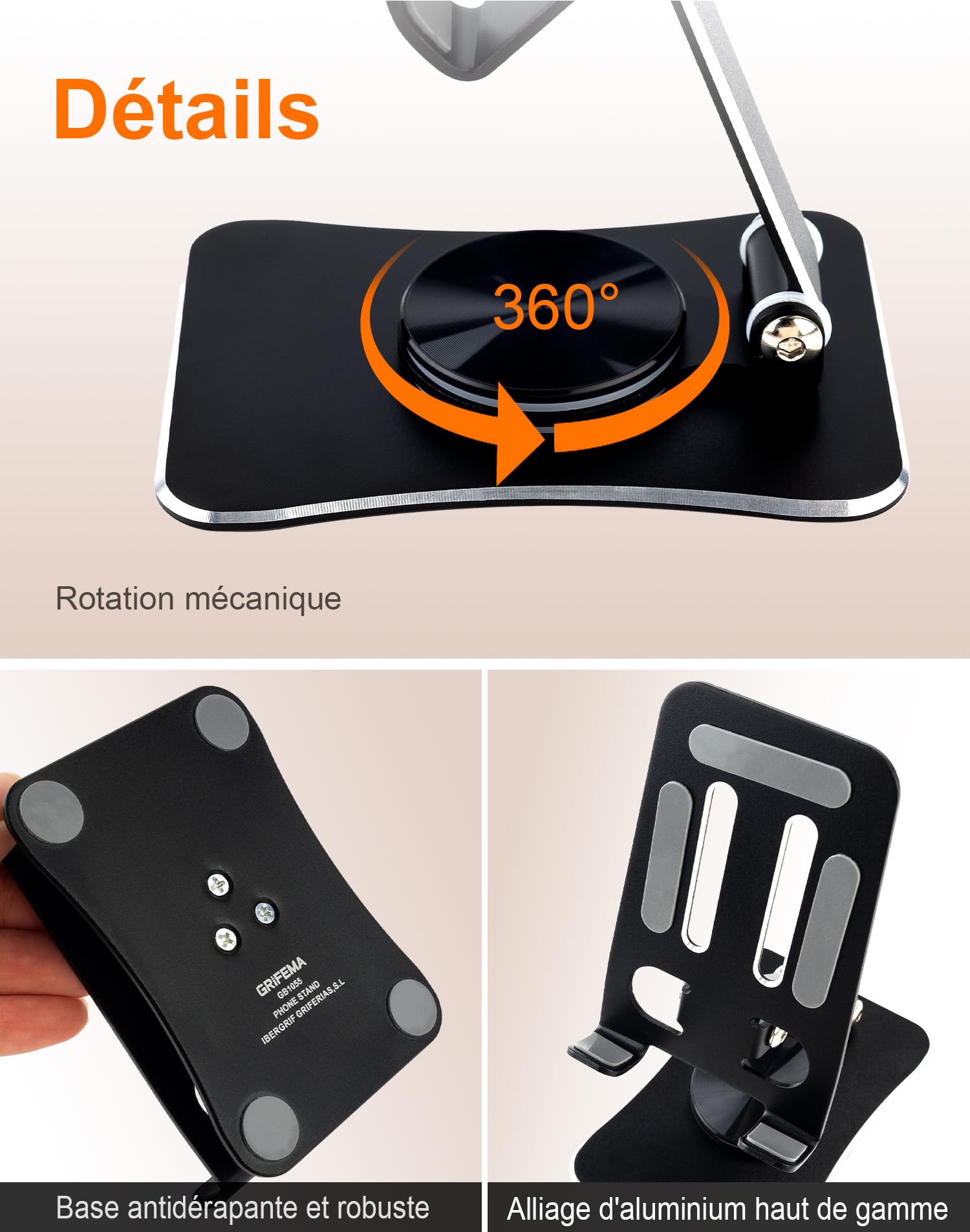 GRIFEMA GB1055 Support Téléphone et Tablette de Bureau Pliable, Rotatif 360°, Ajustable, Alliage d'Aluminium, Compatible 3,5–10,5''