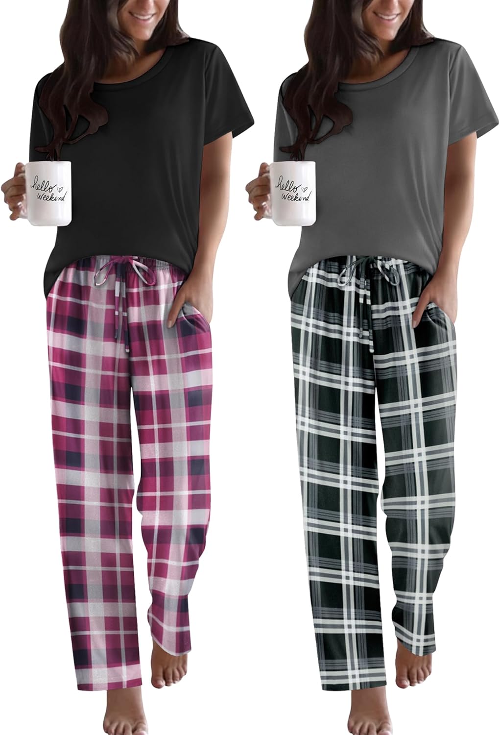 Ekouaer 2 Pack Pajamas for Women Set Short Sleeve Sleepwear Top and Pants Pjs Soft Printed Lounge Sets with Pockets