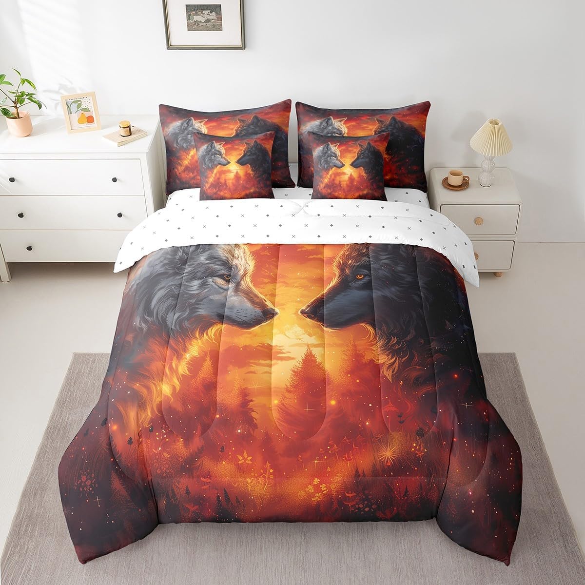 Erosebridal Wolf Bedding Set Full Size White and Black Wolf Comforter Set Wild Jungle Animals Bed in A Bag Red Flame Lighting Sheet Set with Comforter Wildlife Plants Pillow Covers
