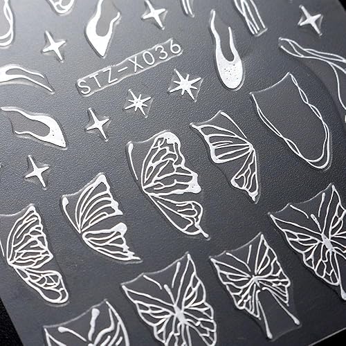 Miniatura 7 de 4 hojas de calcomanías para uñas de mariposa Y2K, mariposas de metal plateado cromado, alas de corazón, calcomanías de arte de uñas, líneas