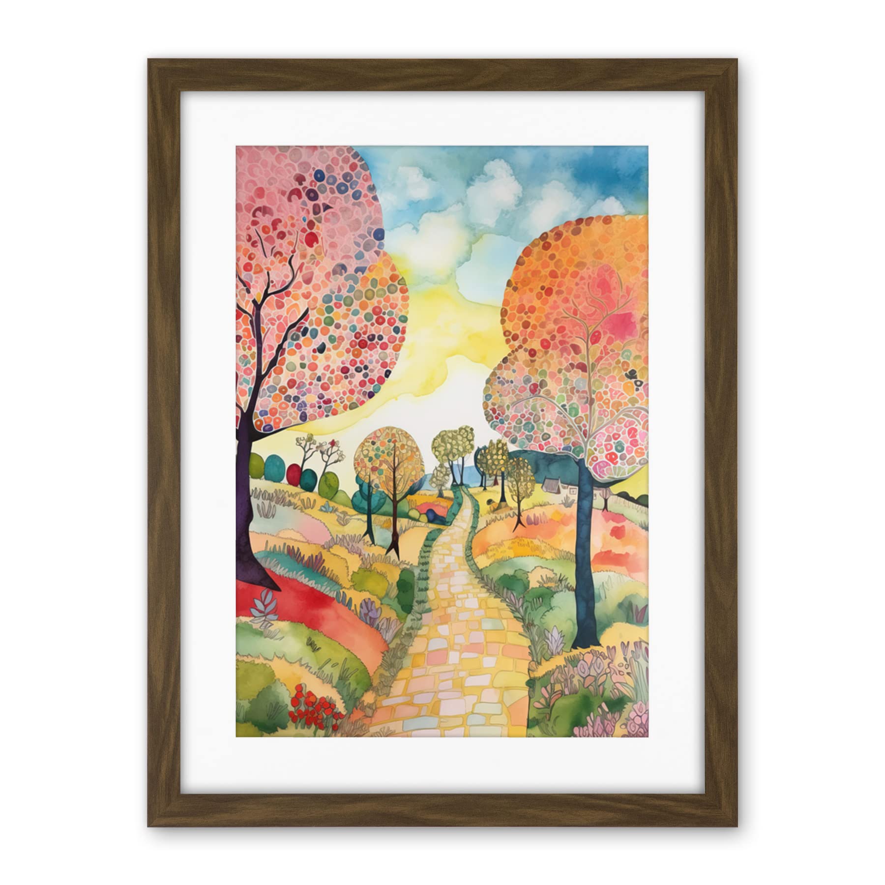 Artery8 Countryside Path With Blooming Flowers And Trees Folk Art Landscape Watercolour Painting Artwork Framed Wall Art Print 18X24 Inch