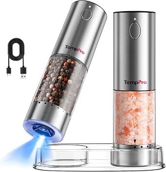 TempPro Rechargeable Electric Salt and Pepper Mill Set with Large Capacity