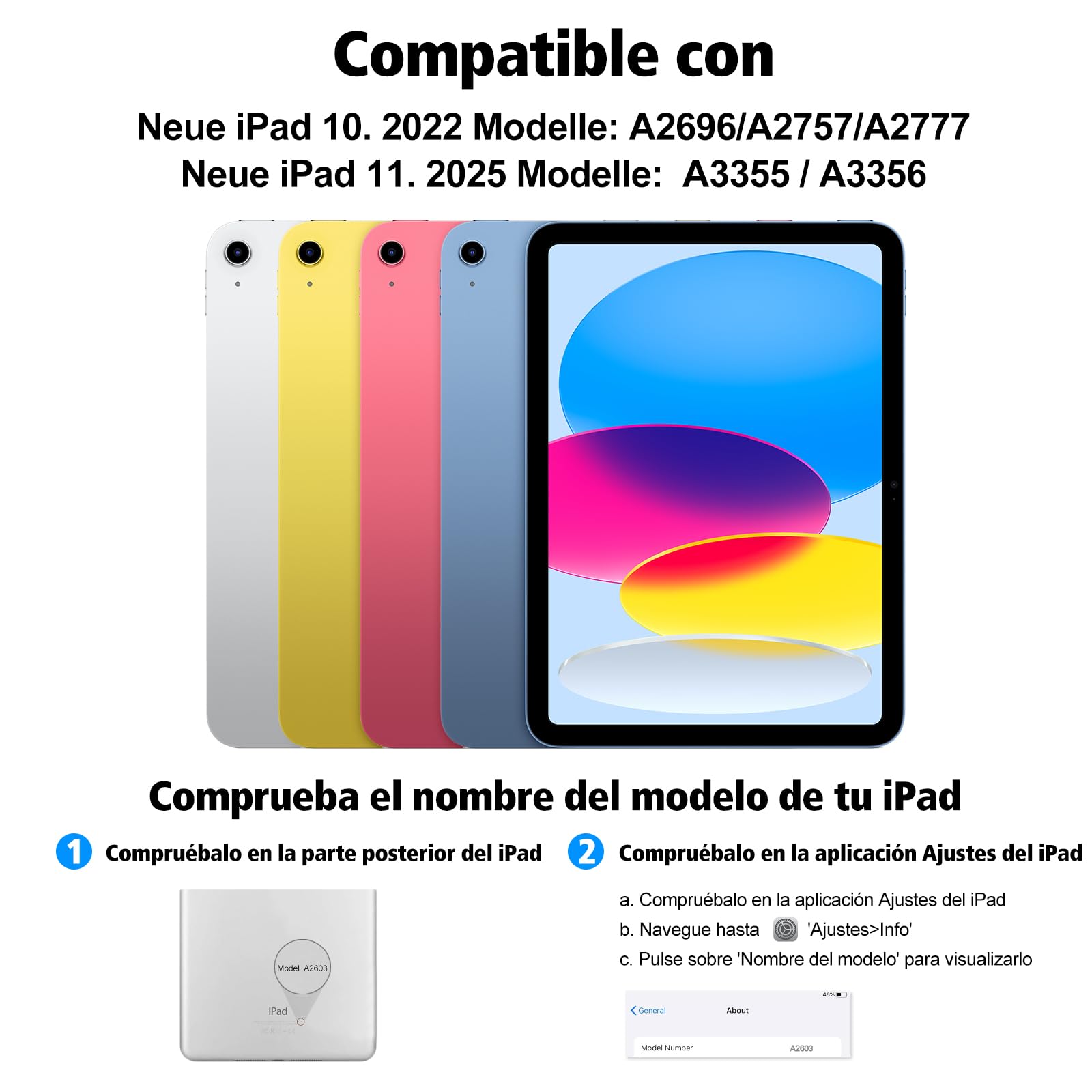 Funda con Teclado para for iPad A16 11ª /10ª Generación (10,9 Pulgadas 2022/11 Pulgadas A16 2025), Funda Teclado iPad 11/10 Gen Bluetooth Inalámbrico Desmontable, QWERTY Español Ñ