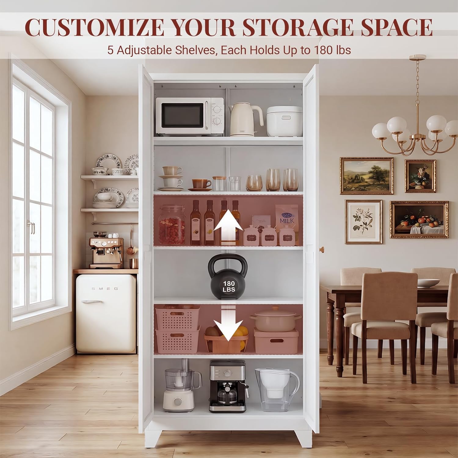 75" Metal Kitchen Pantry Cabinet with Dual Handles & Adjustable Legs, Freestanding Storage Cabinet with Doors and 5 Adjustable Shelves, Tall Food Pantry for Kitchen Dining Room, White