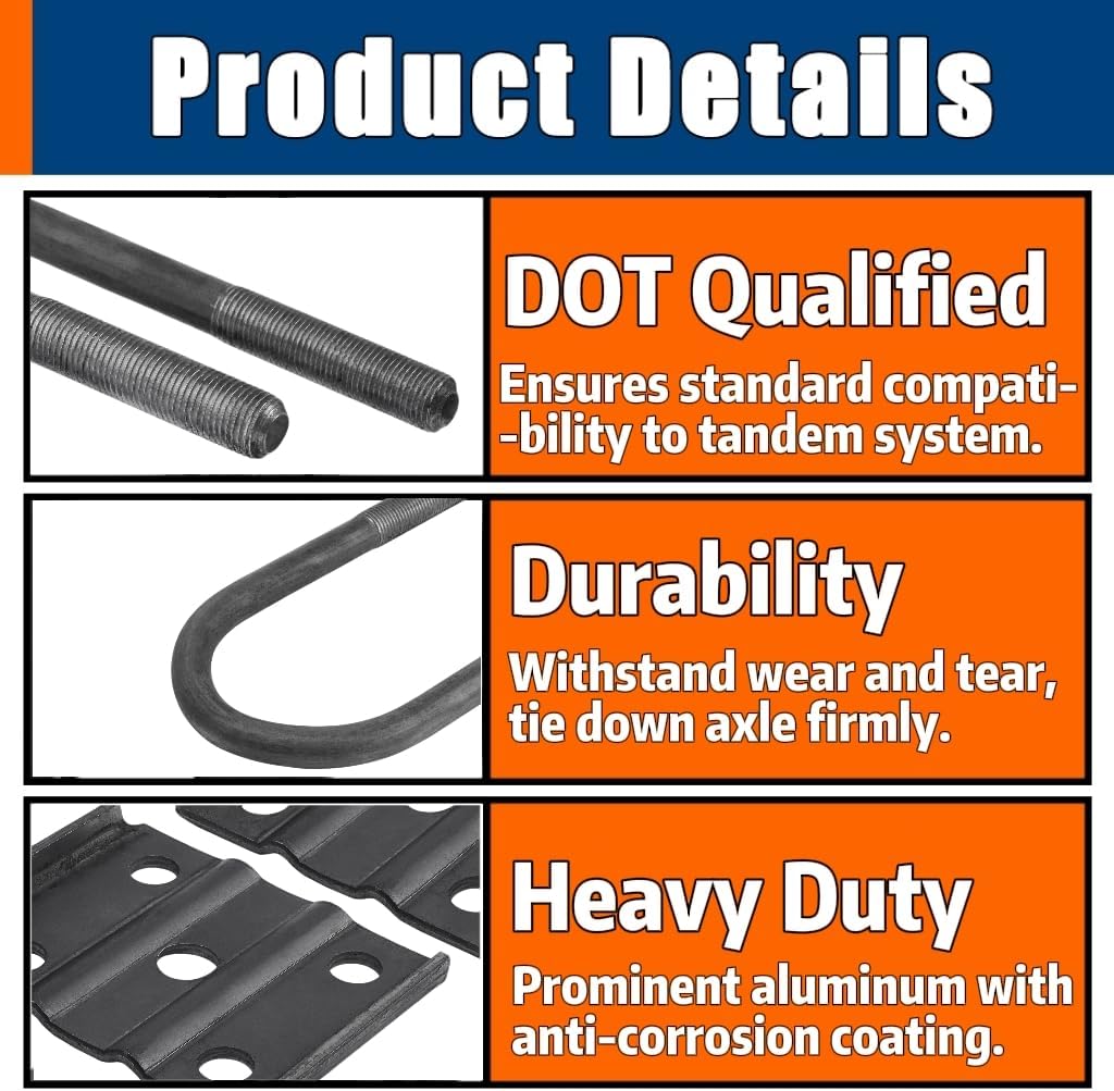 RV MURTS Trailer U Bolt Kit for 3,500 to 7,000 lbs Boat Trailer Axle(2-3/8" Round Axle, 1/2” Diameter, 2" Thread Pitch), 4 Leaf Springs Tandem Suspension Kit Parts, Dexter Type Spindle Accessories.