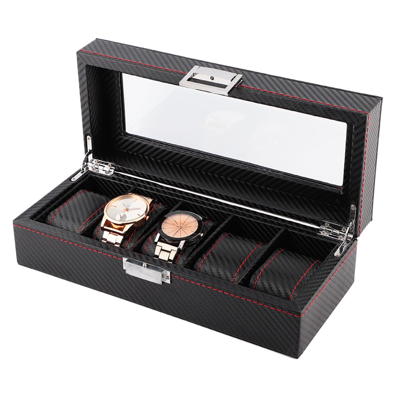 Caja para relojes de 5 compartimentos, estuche para relojes de fibra de carbono con costuras rojas, organizador de joyería de viaje para hombres y mujeres, almacena 5 relojes de