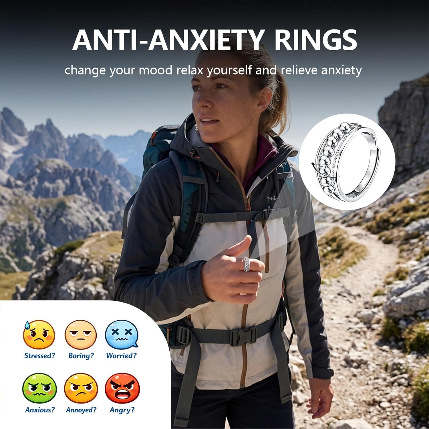 Fidget Ring, Fidget Rings for Anxiety, Anxiety Rings for Women, Set of Eight Unique Styles, Stress Relief and Focus Enhancement, Smooth Rotating Bands for Sensory Needs, Comfortable Everyday Wear