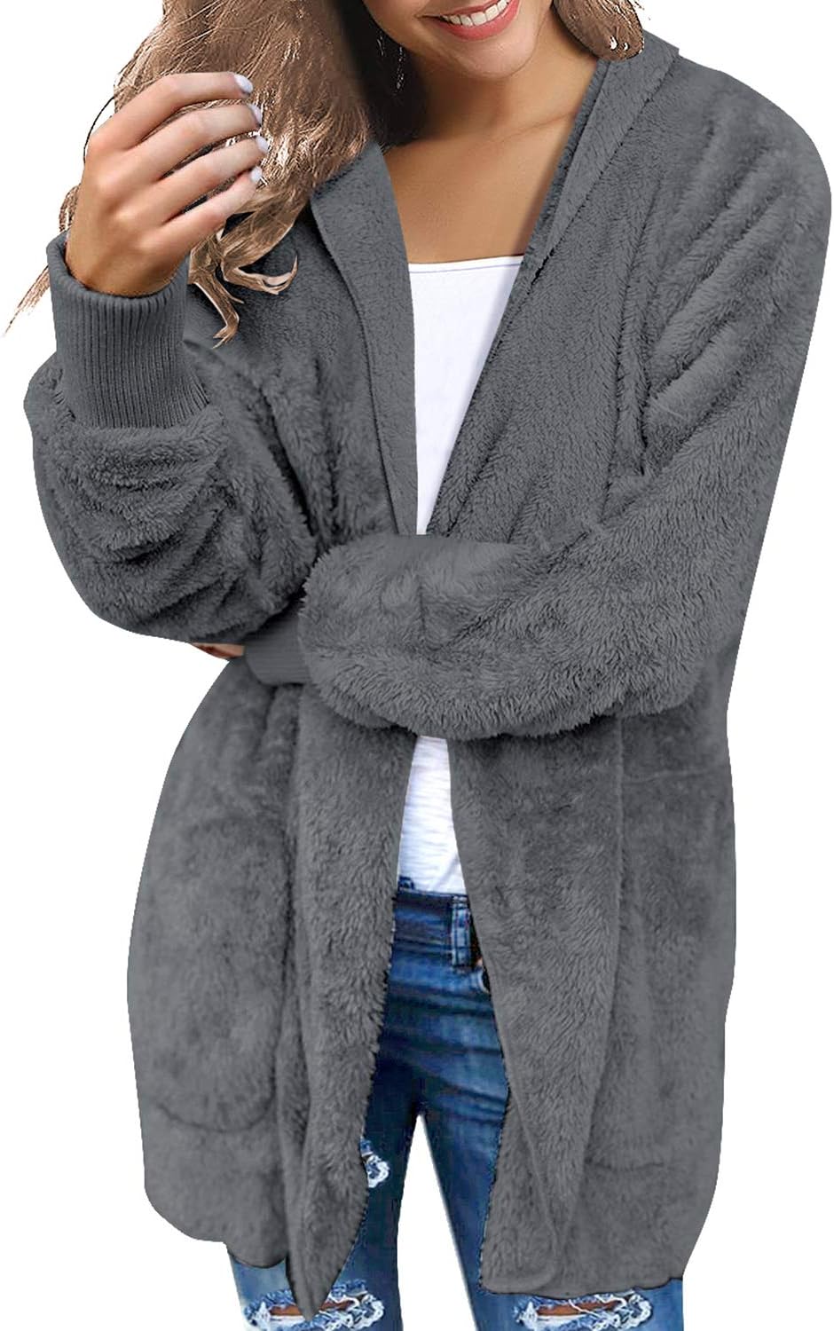 LookbookStore Womens Cardigan 2026 Winter Oversized Open Front Fleece Hooded Draped Pockets Jacket Coats