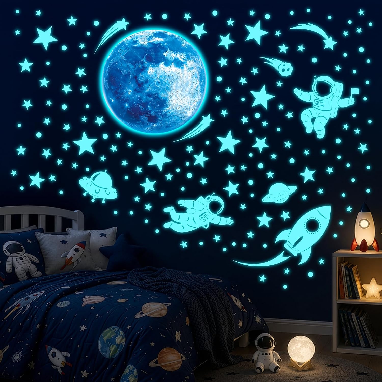 DECOWALL Glow in the Dark Space Wall Stickers – Moon, Astronaut, Rocket, UFO and Stars Glow Wall Decals for Kids Bedroom Nursery Playroom Decor (GDS4-7005)