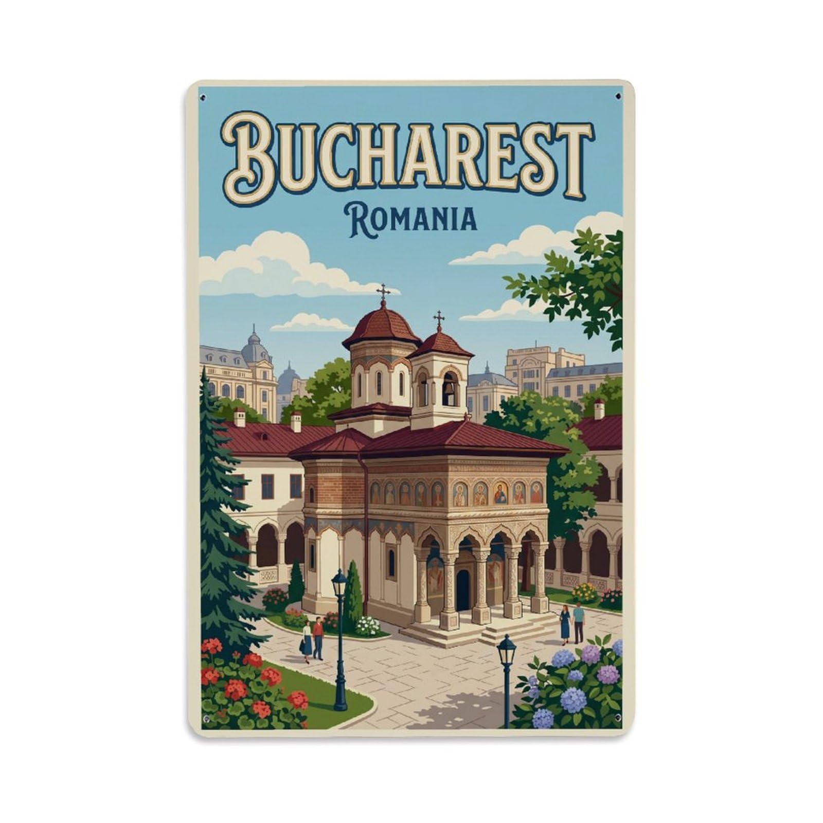 Vintage Travel Bucharest Stavropoleos Monastery Clean Romania Metal Tin Sign Plaque Wall Decor for Cafe, Club Bar, Office, Home Garden Metal Poster 8x12Inch