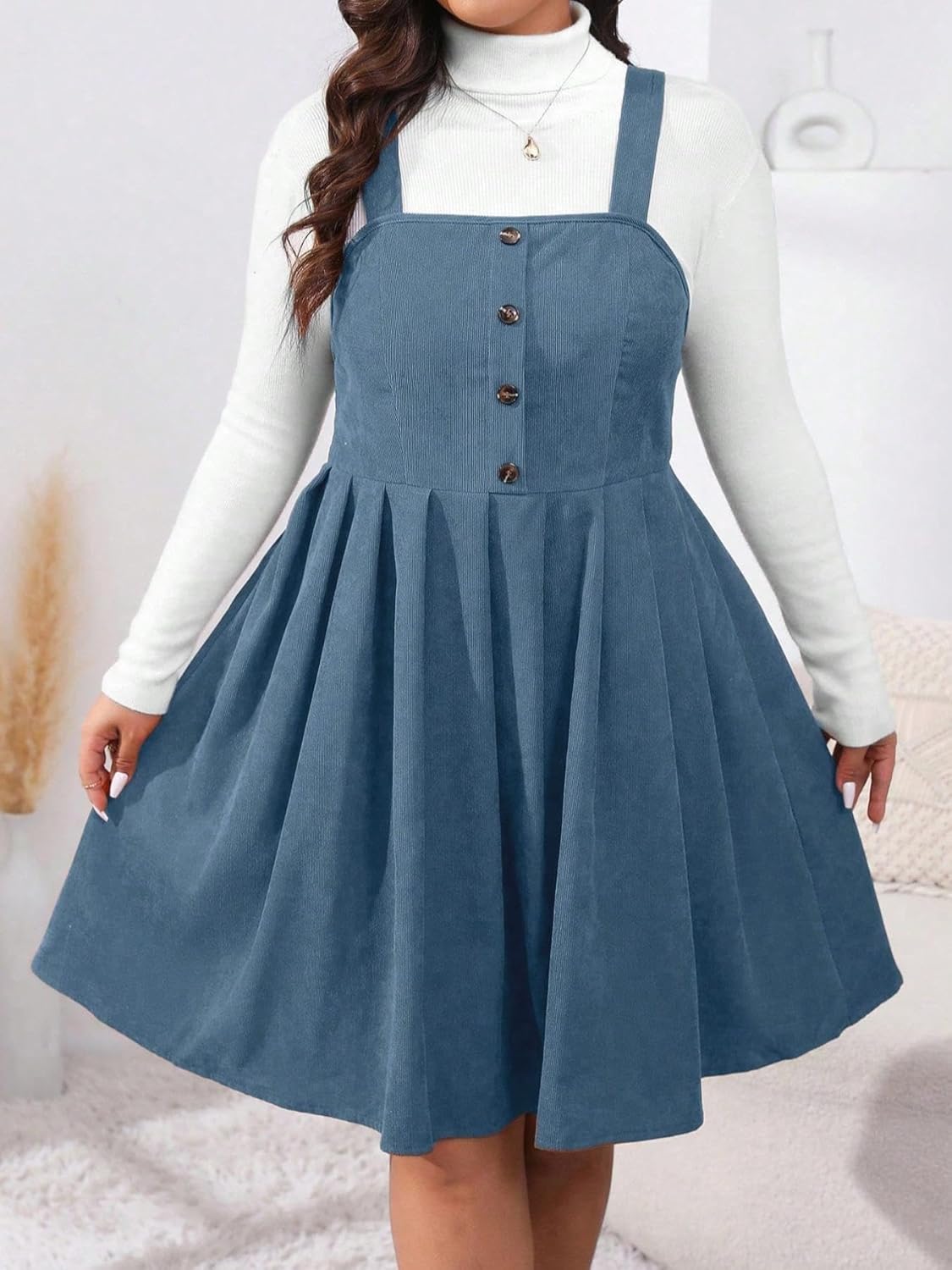 Oversized Button up Pleated Pinafore A-line Dress, Casual Sleeveless Vest for Women in Autumn and Winter, Without Sweater - Image 3
