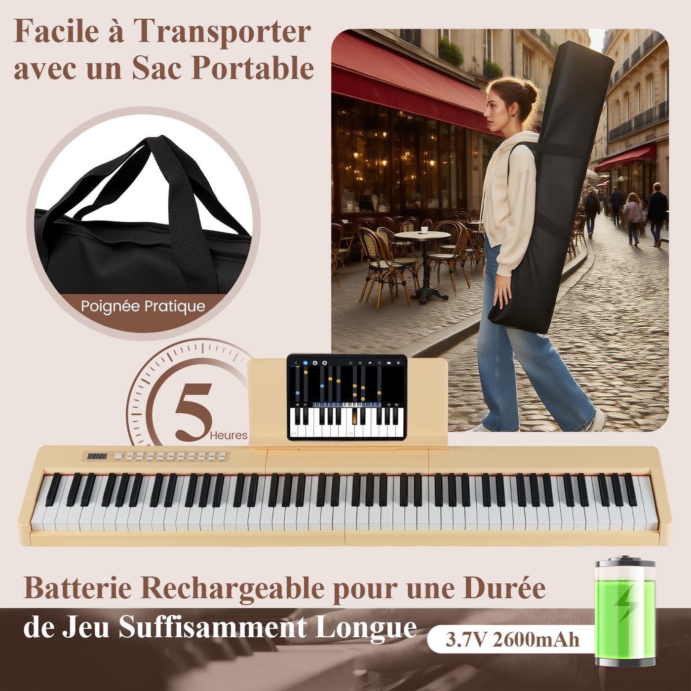 DREAMADE Clavier de Numérique 88 Touches, Clavier de Piano Électrique Portable avec Multiples Sources Audio, MIDI, Pédale, Pupitre, Adaptateur et Batterie Rechargeable (Jaune)