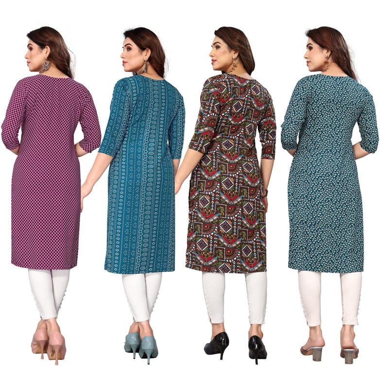 Image of JAKHANA Women's Crepe Printed Casual Straight Calf Length Round Nick Kurta Pack of 4