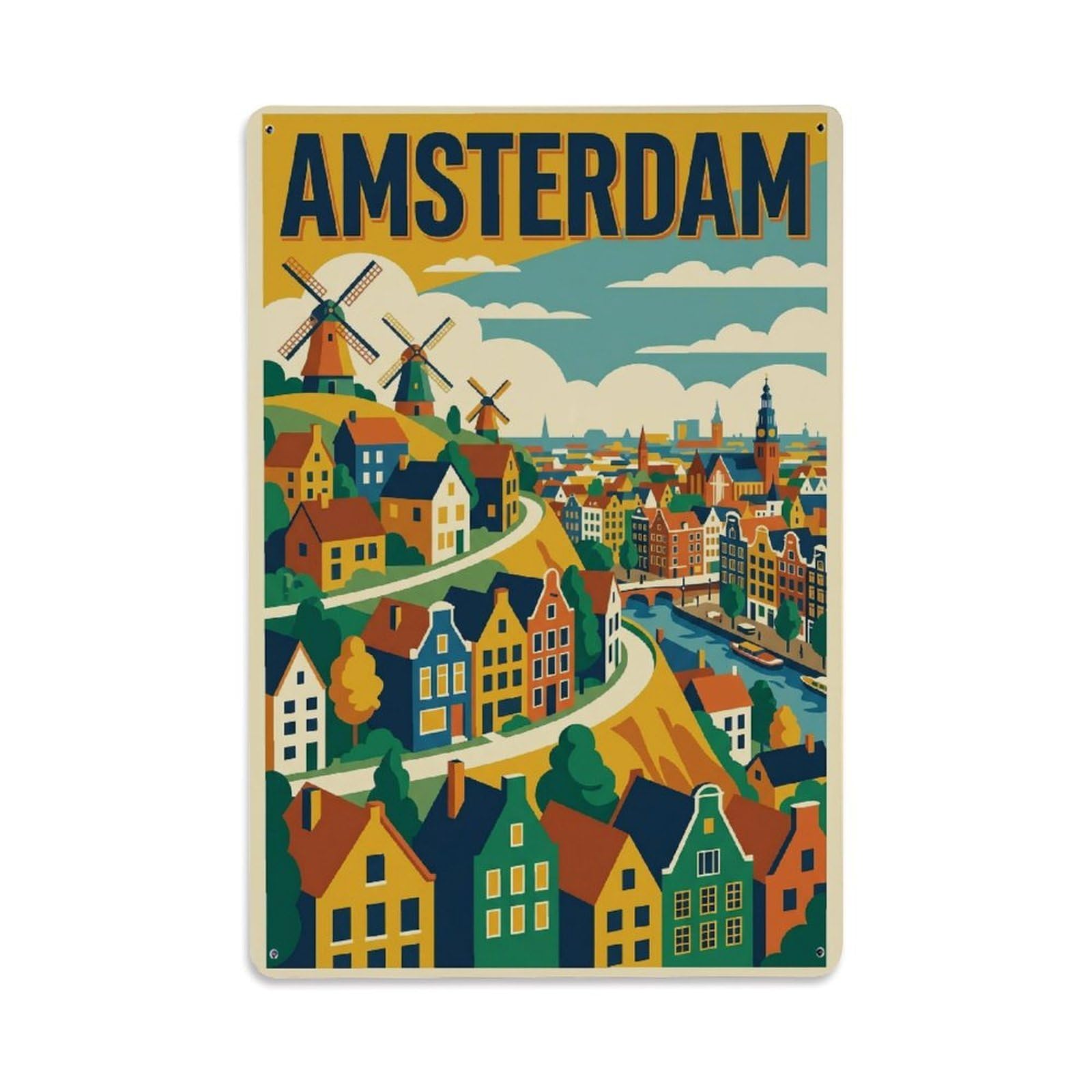 Okngb Style Classic Hillside Landscape Amsterdam Pastoral Travel Metal Tin Sign Plaque Wall Decor For Cafe, Man Cave, Club Bar, Office, Home Garden Round Metal Poster 8X12inch