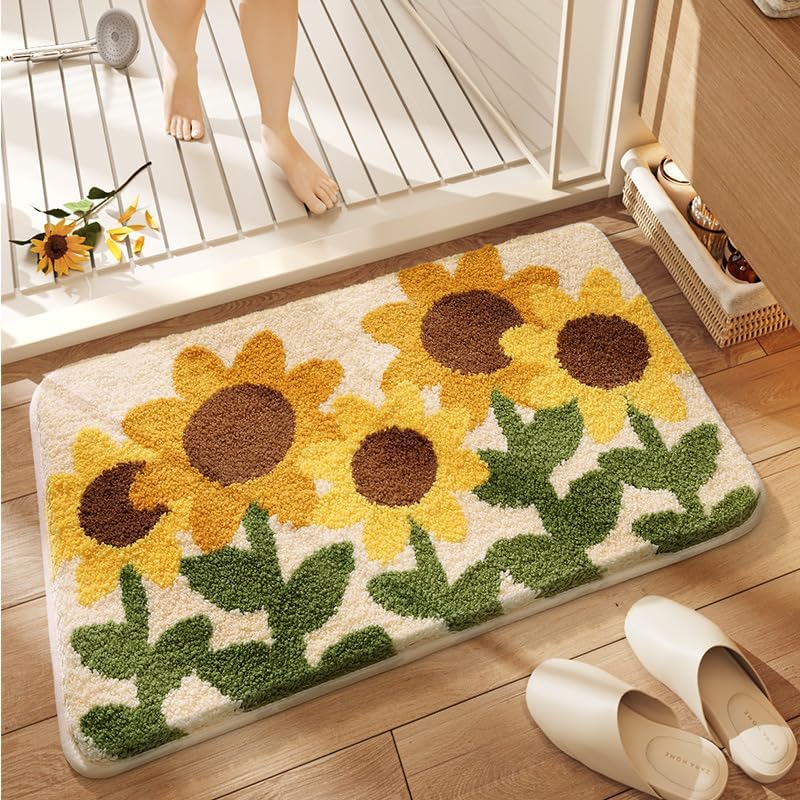 Sunflower Print Bathroom Rug, 23x16 Inch Non-Slip Absorbent Bath Mat, Soft Shaggy Microfiber Floor Mat for Shower, Bathtub, Kitchen, Entryway, Home Decor